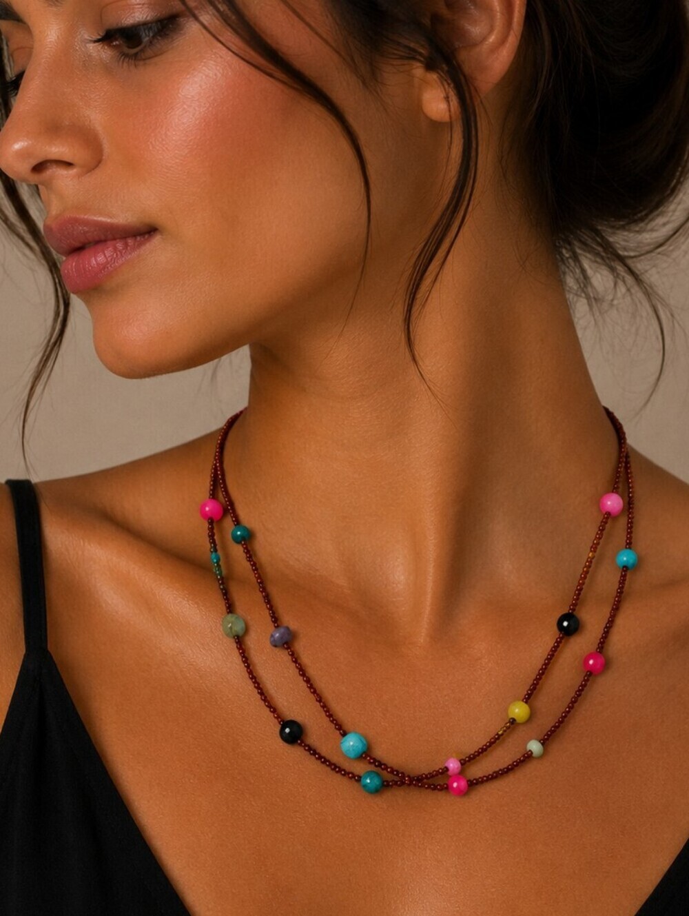 Handmade Rainbow Gemstone Beaded Two Strand Necklace